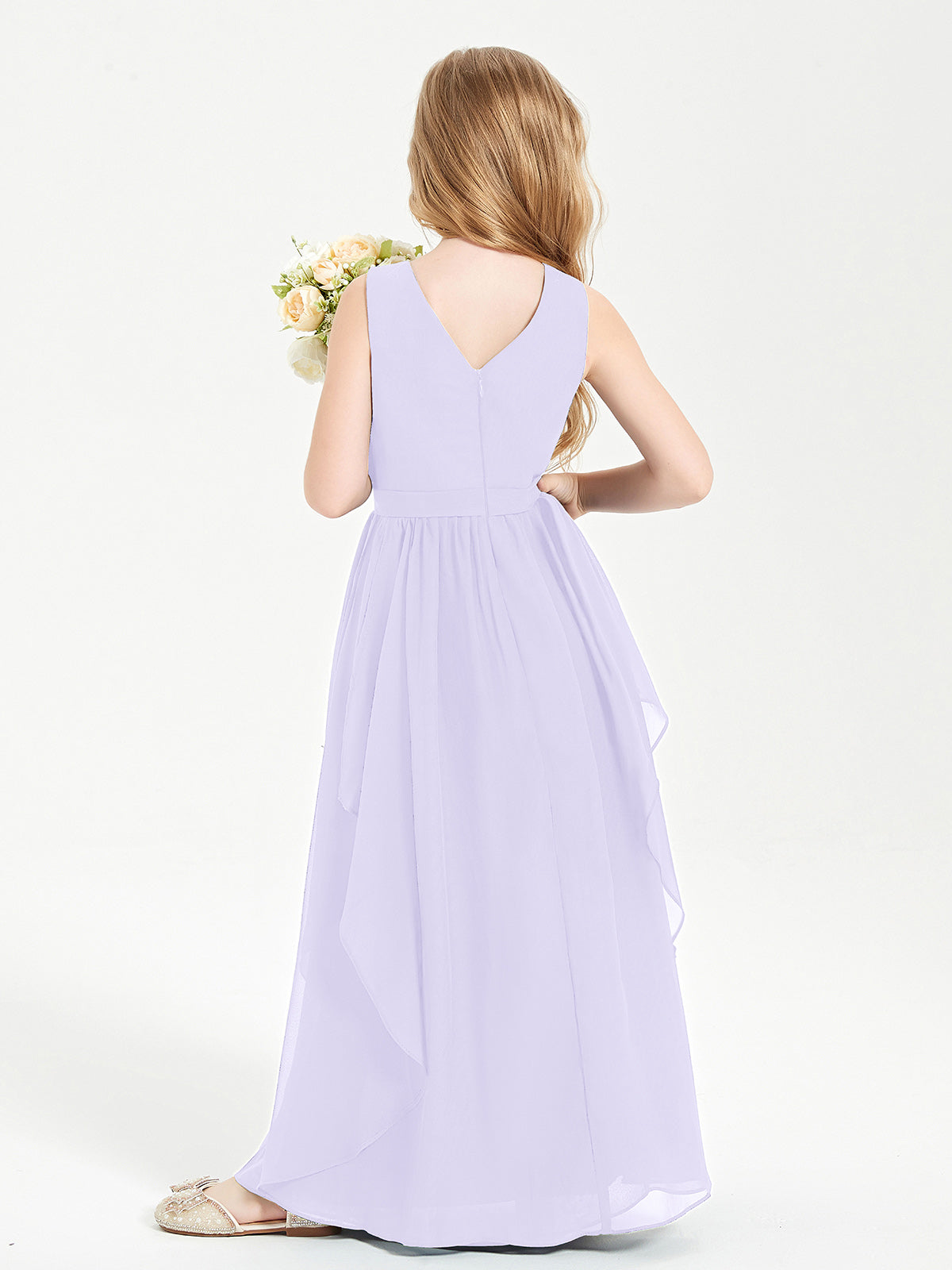 Boho Sleeveless Junior Chiffon Bridesmaids Gown Lilac